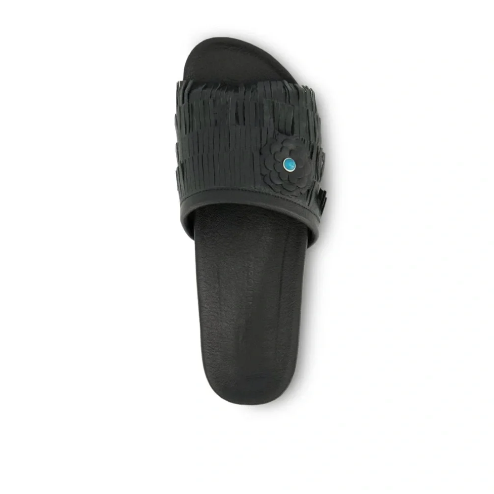 Manitobah Mukluks Wasaga Leather Fringe slide Sandal 8 Black NIB - Picture 3 of 5
